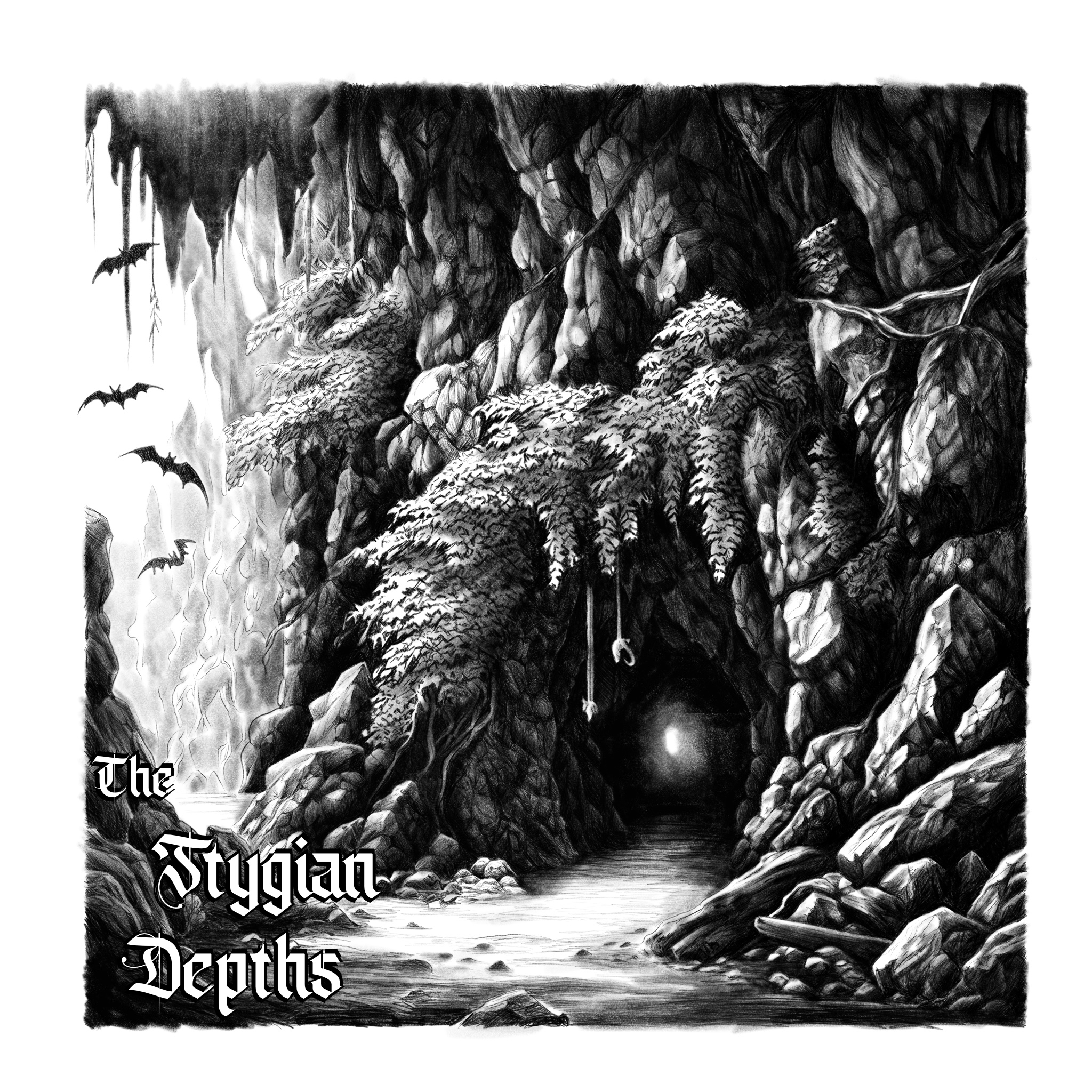 Large Stygian Depths introduction artwork of person walking towards cave